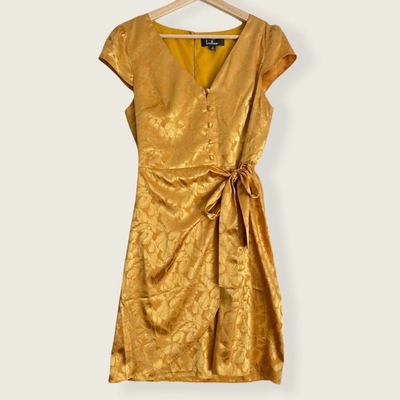 Lulu’s Women’s Gold Leaf Print Mini Dress Size Small Summer Spring Dresses - Picture 2 of 11